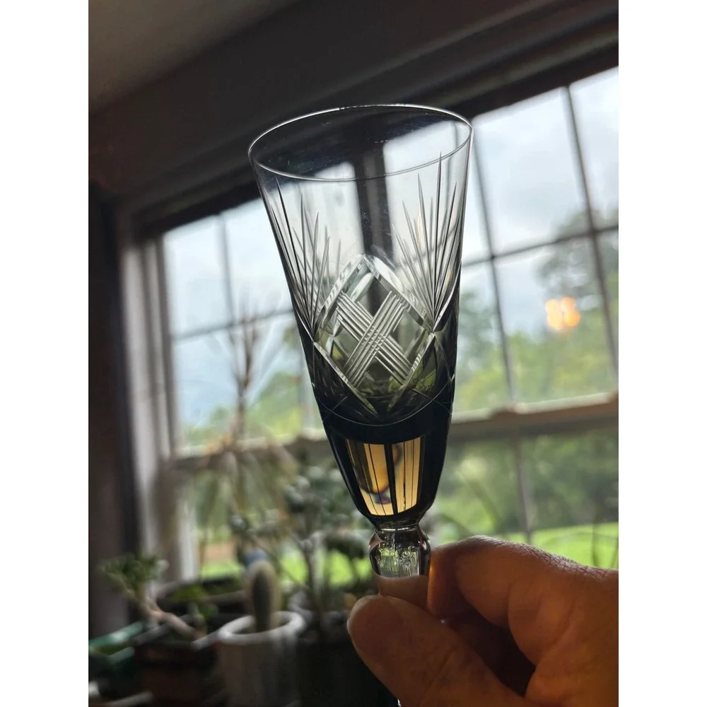 Vintage Smoke Gray Cut Glass Champagne Flutes Set of 2 Etched Crystal Barware